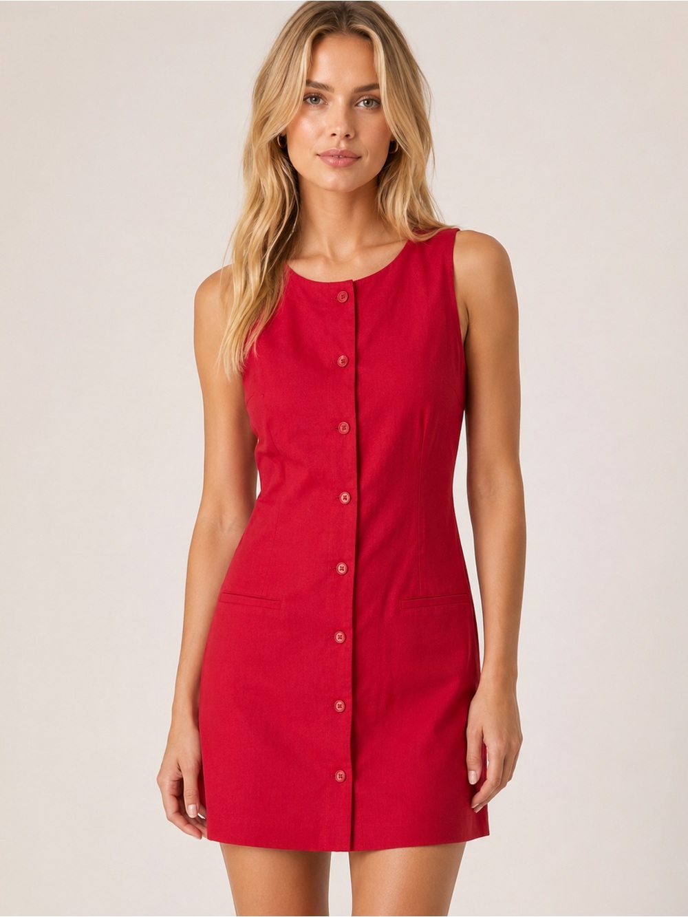 Mango MNG Red Linen Blend Button Front Sleeveless Mini Dress Size 6 6084